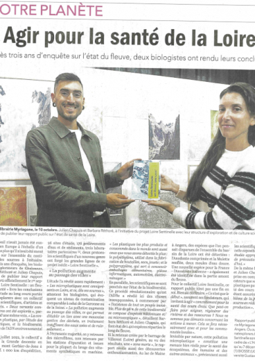 Photographie de l'article de Ouest-France, incluant une photo des deux biologistes présentant leur rapport public