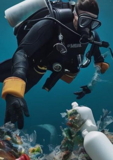 Plongeur nageant au milieu des déchets plastiques