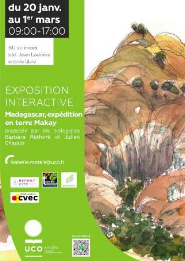 Affiche de l'exposition interactive "Madagascar, expédition en terre Makay", incluant des informations pratiques et une aquarelle du lieu