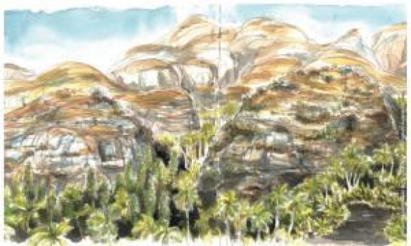 Aquarelle représentant le massif montagneux du Makay, sur l'île de Madagascar